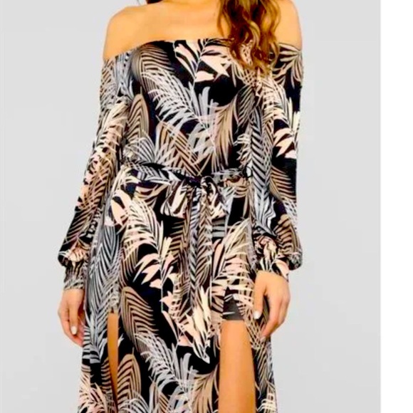 Off-Shoulder Slit Maxi Front Slits Dress Built in Shorts Tropical Pink Black LG - Picture 4 of 16